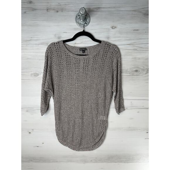 Express Sweater Womens Medium Taupe Open Knit 3/4 Sleeve High Low Hem Rayon - Picture 1 of 8